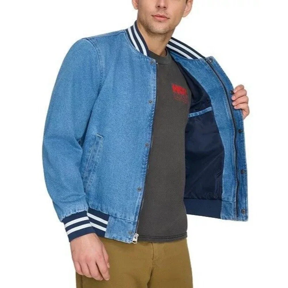 Levi's New Men's Full Zip Varsity Denim Bomber Jacket‎ LARGE Ribbed Knit Hem